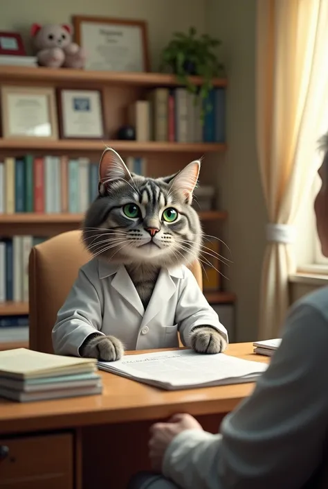 A realistic cat in a lab coat in a psychology office