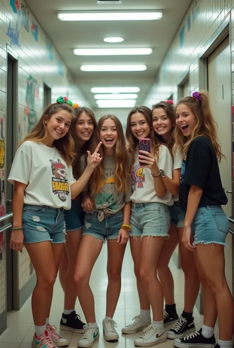 Teenage girl with friends wearing skater clothes in a mall bathroom taking a selfie with a cell phone in the mirror.