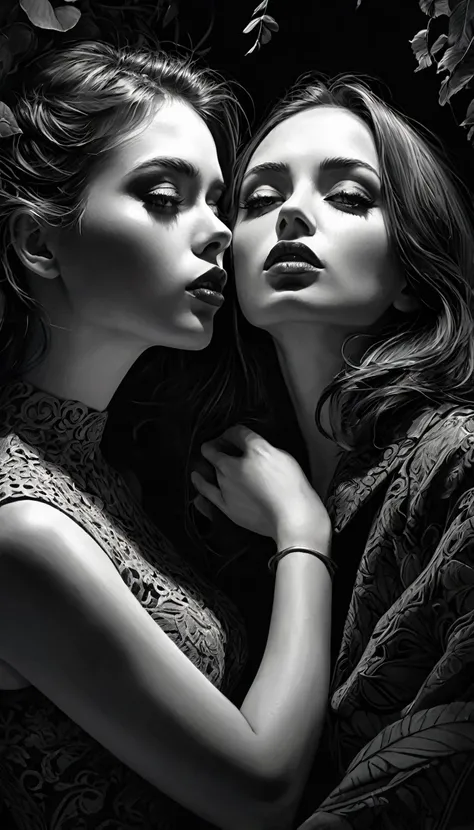 lesbianism, two girls,  black and white image, between shadows, oil painting, chiaroscuro, sensual, dramatic lighting, moody atmosphere, photorealistic, intricate details, masterpiece, ultra-detailed, high quality, 8k, best quality, realistic, cinematic, d...