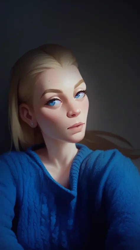 Blonde woman blue sweater