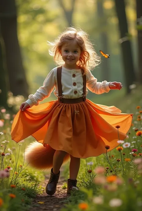 Create a girl in the foreground wearing a skirt with a fox tail.