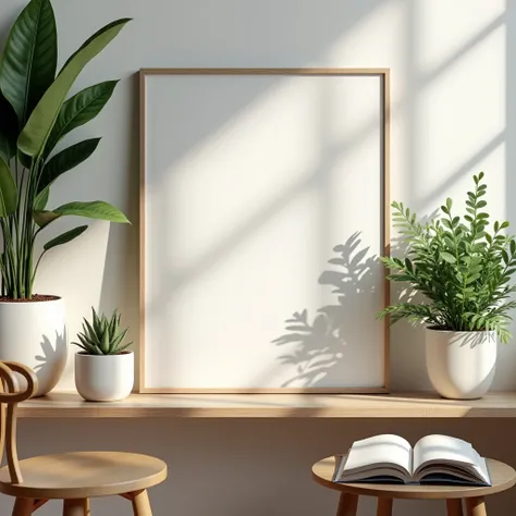 A framed A4 poster with a blank canvas, placed on a minimalist Scandinavian-style shelf. The poster is surrounded by indoor plants in ceramic pots, with a neutral-toned wall as the backdrop. The setting includes a cozy reading nook with a wooden chair, a s...