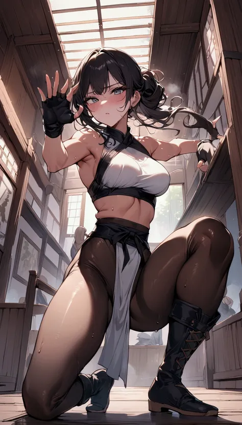 ,{{masterpiece}}, {{{best quality}}},{{ultra-detailed}}, {{illustration}}(Beautiful and fine eyes)、female martial artist,　Elegant Fighting Pose,fingerless gloves,pelvic curtain,Black pantyhosens,martial arts belt,short boots,sweating　Inside the Dojo