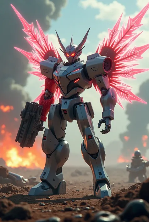 A robotic military Digimon with a red-skinned interchangeable cannon arm and energy wings 