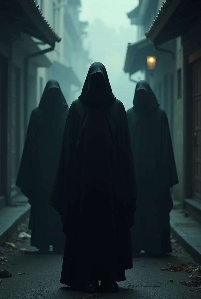 three people in black robes stand in a dark alleyway, spooky netflix still shot, dark robes, wearing dark robes, black robes, dark, in this ominous scene, dark figures walking, 8 k movie still, still from a live action movie, kramskoi 4 k, 4k movie still, ...