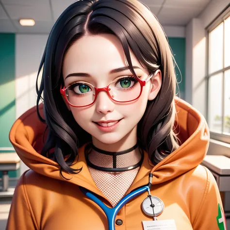 (best quality, irritability ,aesthetic,absurdres),select and generate best screen effect,((1girl,long-deepgreen-hair,green-eyes,orange-hooded-jacket,under-rim-eyewear)),((top quality)),(ultra-detailed), depth of field, cinematic lighting, detailed outfit, ...