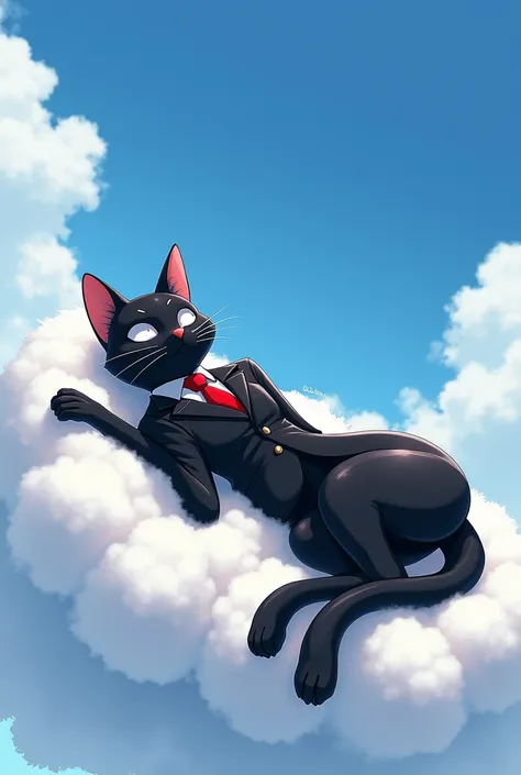 Black cat with a humanoid body, wearing a black suit and a red tie, lying on a cloud. Digital art in anime style, well drawn.
