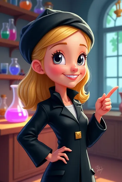 Make a Disney style drawing, professional in a black lab coat, rectangular golden brooch, straight blonde hair, wearing a black turban, natural round, Round face, chubby, with hands pointing to the right side 