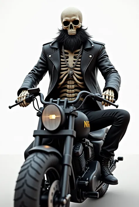 3d type image in drawing, Caveira with a beard, black motorcycle helmet, skeleton body, black leather jacket, open black leather vest, silver soldier-style cord, sitting on a low black motorcycle with high handlebars with a white background.