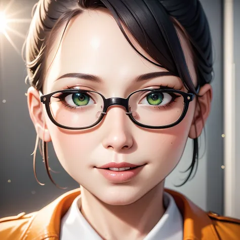 (best quality, irritability ,aesthetic,absurdres),select and generate best screen effect,((1girl,long-deepgreen-hair,green-eyes,orange-hooded-jacket,under-rim-eyewear)),((top quality)),(ultra-detailed), depth of field, cinematic lighting, detailed outfit, ...