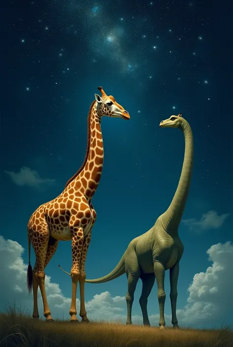 A giraffe on a dark and starry night on the sheet and from where the stars in the background a giant long-necked dinosaur in big spirit. 

