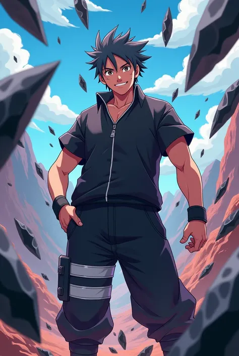 Naruto style art, friendly yet intimidating chubby male with dark grey hair, controlling black crystals 