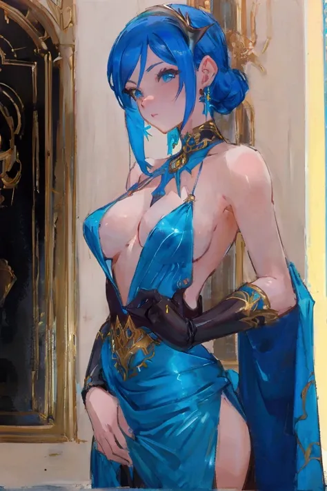 a woman with blue hair and a teal ballroom dress is standing, style artgerm, trending artgerm, artgerm lau, artgerm style, style of artgerm, as seen on artgerm, artgerm and rossdraws, extremely detailed artgerm, like artgerm, artgerm art, blue tiefling, fu...