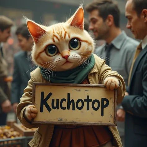 Hyperrealistic cat in a business with a sign that says kuchotop