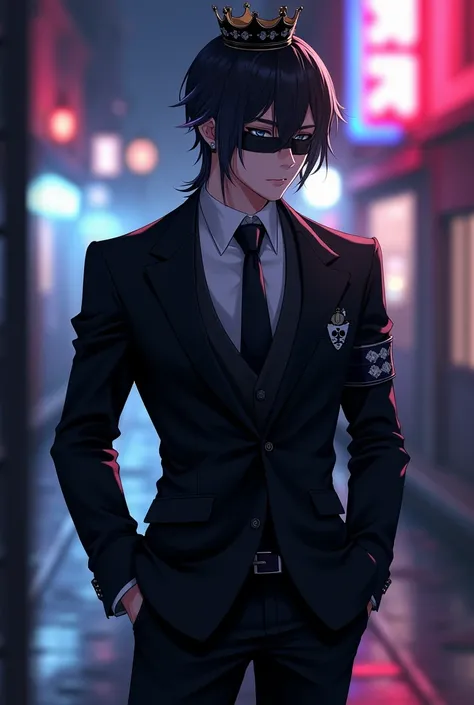 male anime character black hair with white tips with a black mask in a suit with a tie on his arm band black pants with a small black crown on his head 