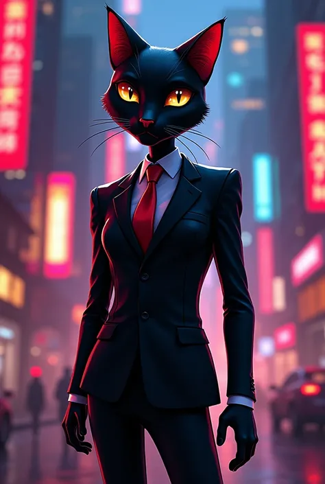 black cat humanoid body black suit red tie digital drawn, cartoon character

