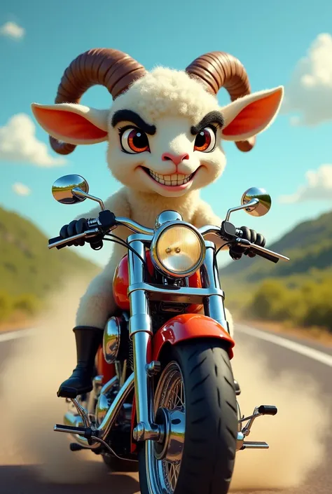 Lamb with a mean face, cartoon on top of motorcycle seen from the front 
