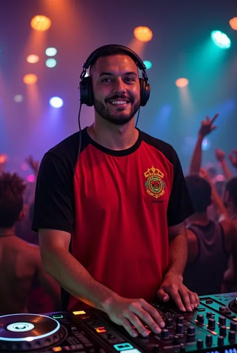 DJ wearing a Flamengo shirt and full lips
