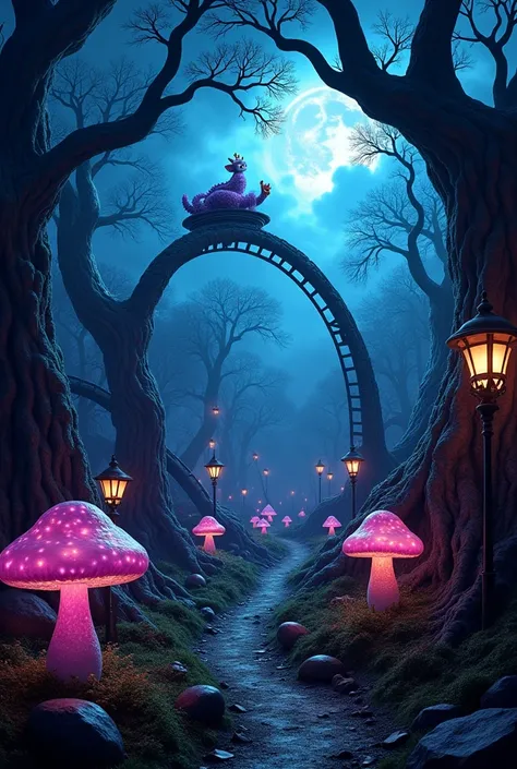 Dark themed roller coaster with realistic Alice in Wonderland setting