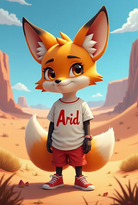 anime body with a face of corsac fox wearing a shirt that says “Arid”