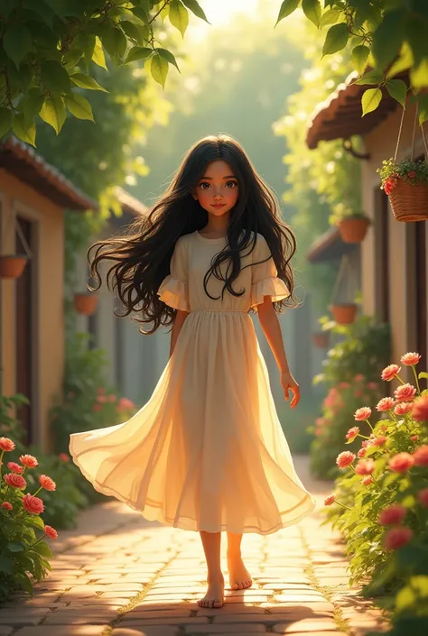 Prompt: "A young girl named Ayesha, with long black hair and wearing a simple dress, standing in a peaceful village surrounded by trees and small houses."