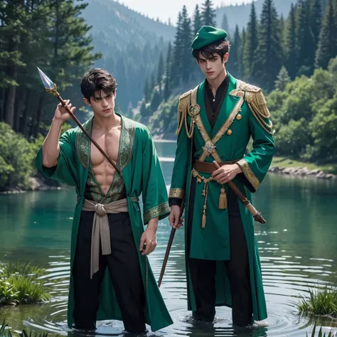 a muscular handsome wizard, (face : Matthew Daddario), extremely detailed face, perfect face, short hairstyle, looking at the viewer majestically, emerald green robe, black pants, wood wand with emerald crystal, wand in hand, sexy look, wizard hat, smooth ...