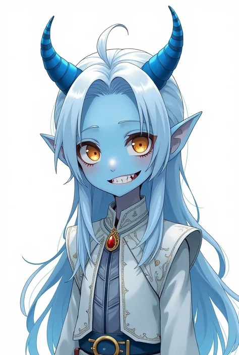 (detailed face and eyes:1.3)), anime boy, blue skin, long hair, white hair, four eyes, golden eyes, androgynous, pointy ears, white medieval clothing, blue horns coming out of his forehead, messy bangs (pretty smile:1.4), (sadic grin:1.3), ,white backgroun...