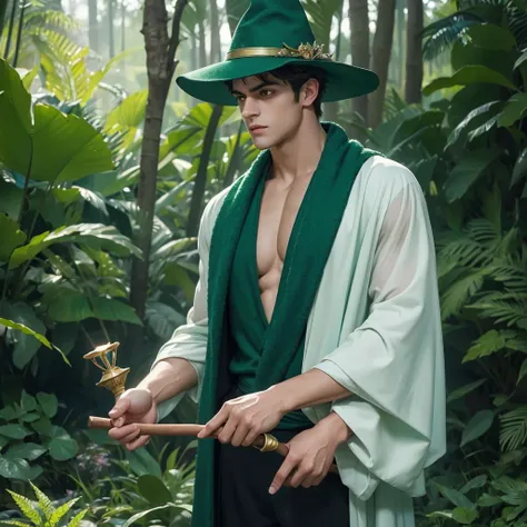 a muscular handsome wizard, (face : Matthew Daddario), extremely detailed face, perfect face, short hairstyle, looking at the viewer majestically, emerald green robe, black pants, wood wand with emerald crystal, wand in hand, sexy look, wizard hat, smooth ...