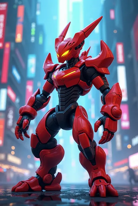 A Digimon with a robotic appearance, red skin, black parts and a changeable left arm. 