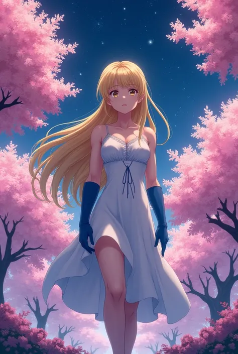 A Anime girl Golden hair, golden eyes, muscular legs, giant muscular arms, white dress, blue gloves and a seductive look 