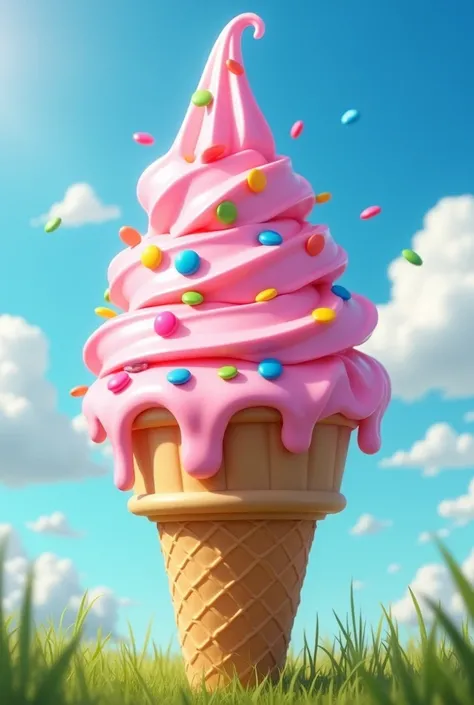 Create a cone with pastel pink cream in a Neptune shape on top of the cone. On top of the ice cream, a bubble gum sauce and colorful chips