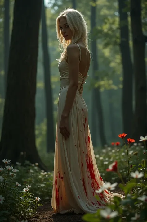 Blonde woman in the forest wearing a beige dress with a lot of blood 