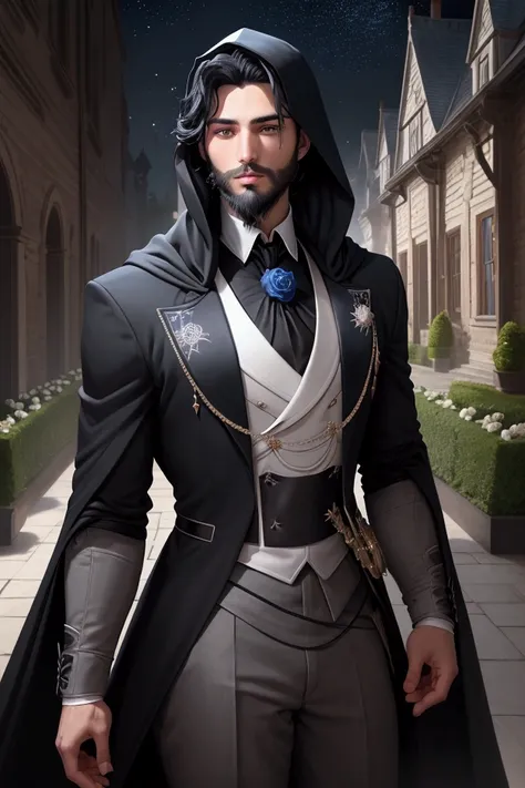 a young handsome european man black hair short beard blue eyes wearing a black noble cloth with hood cover his head with black gloves with a white rose brooch in the white roses garden at night with a manor house in the background with a stars, cinematic