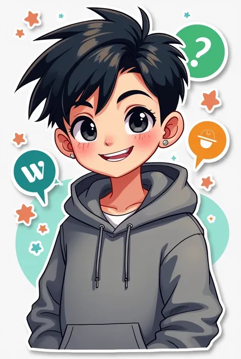 I want to create a series of stickers for WhatsApp and Discord where the character has white skin, black eyes, black hair, gray hoodie, hes a boy.