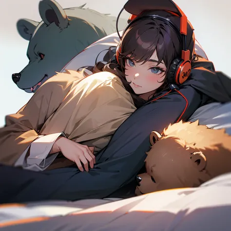 Bear wearing headphones lying in bed