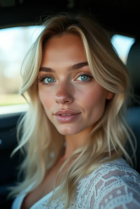 Belle fille européenne aux yeux bleus et aux cheveux blonds, dans une voiture mercedes gla, selfie, ultra Haute résolution, (photoréaliste: 1.4), Haute résolution , (finely détaillé skin), (yeux bleus), (Des proportions parfaites) (Photos réalistes) (chef-...