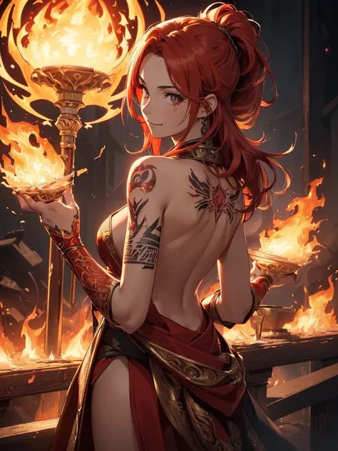 (((best quality, sharp image, clear image, cinematic lighting, 8k resolution, masterpiece, ultra detailed, intricate))) Girl, (((looking over left shoulder))), (shot from behind), fire mage, ((intricate background)), ((chaotic background)), red hair, smili...