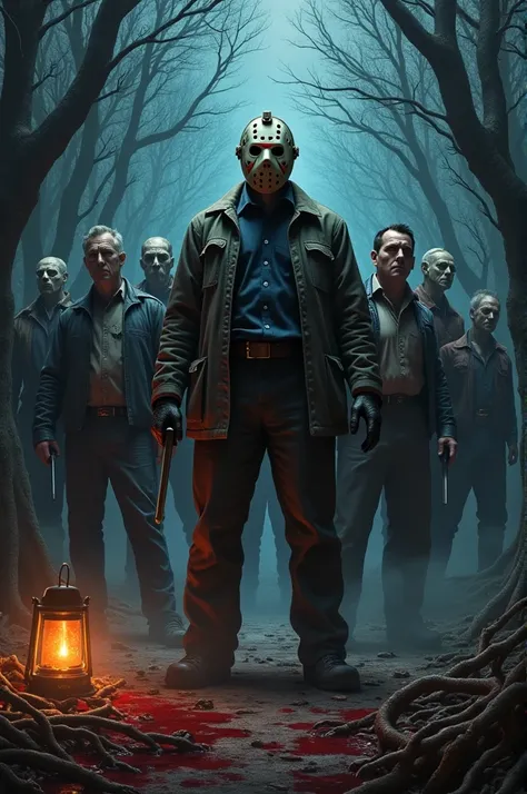 An image where all the horror movie characters are , Killers, slashers and Creepypastas, Jason Voorhees in the middle and Maniac Cop to his side