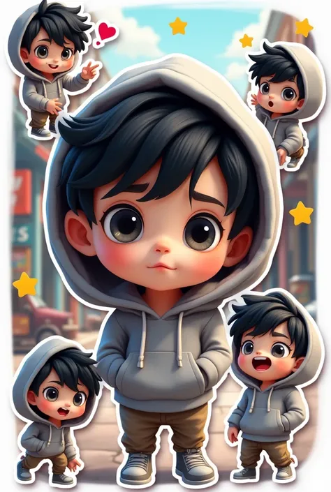 I want to create a series of stickers for WhatsApp and Telegram here the character has white skin, black eyes, black hair, gray hoodie, hes a boy.