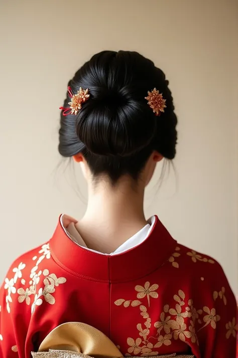 Back view。A red kimono for an adult ceremony。woman。Plain background。