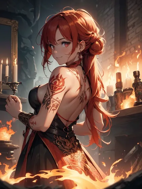 (((best quality, sharp image, clear image, cinematic lighting, 8k resolution, masterpiece, ultra detailed, intricate))) Girl, (((looking over left shoulder))), (shot from behind), fire mage, ((intricate background)), ((chaotic background)), red hair, smili...