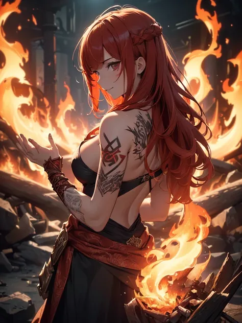 (((best quality, sharp image, clear image, cinematic lighting, 8k resolution, masterpiece, ultra detailed, intricate))) Girl, (((looking over left shoulder))), (shot from behind), fire mage, ((intricate background)), ((chaotic background)), red hair, smili...