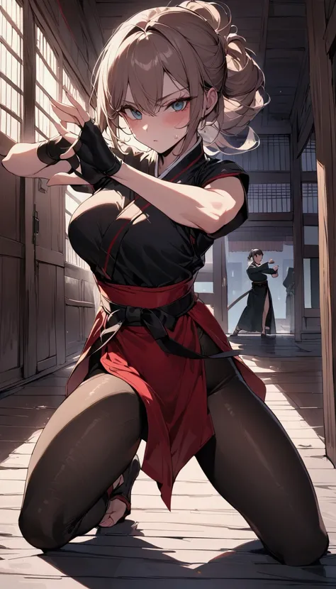 ,{{masterpiece}}, {{{best quality}}},{{ultra-detailed}}, {{illustration}}(Beautiful and fine eyes)、female martial artist,　Elegant Fighting Pose,fingerless gloves,pelvic curtain,Black pantyhosens,martial arts belt,short boots,sweating　Inside the Dojo