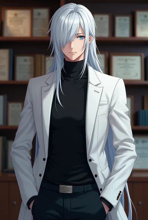 Tsuke is a tall man, pale skinned, blue eyes and long white hair with strands falling over her shoulders. His hair is parted in a fringe that covers his left eye and he always has a slight, gentle smile on his face.. He wears a black shirt with a turtlenec...