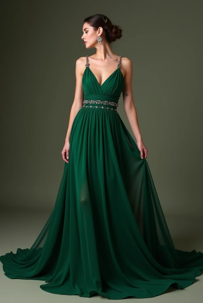 Farbe: A deep emerald green, elegant and vibrant.
styled: The dress has a long, flowing silhouette, inspired by Greek goddesses, that falls gracefully to the floor, with a light and ethereal movement.
bare back: The back is fully open, with thin straps tha...