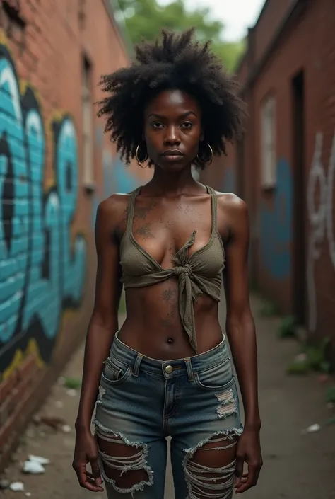 Black woman with ripped clothes, exposed breasts, and dirty. 
