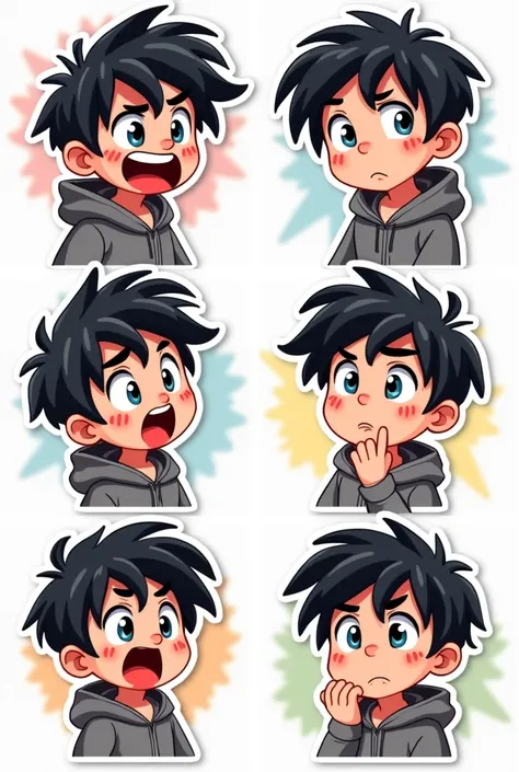 I want to create a series of stickers for WhatsApp and Telegram here the character has white skin, black eyes, black hair, gray hoodie, hes a boy, shoulder head stiker series. Funny, angry, thinking