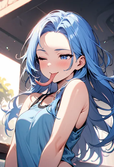 (solo:2, 15 yo), (immensely beautiful girl) (detailed forehead) (beautiful blue hair long hair) (immensely cute blue eye and sexy closed eye) (beautiful smile) (glossy lip, Stick long tongue out) (small tits), in a detailed off shoulder tank top, hot pants...