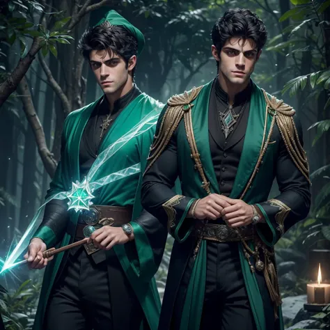 a muscular handsome wizard, (face:Matthew Daddario), extremely detailed face, perfect face, short hairstyle, looking at the viewer majestically, emerald green robe, black pants, emerald crystal wand in his hand, sexy look, wizard hat, smooth skin, doing na...