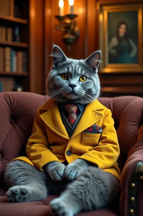 A distiguish and posh grey cat in scottish yellow jacket.